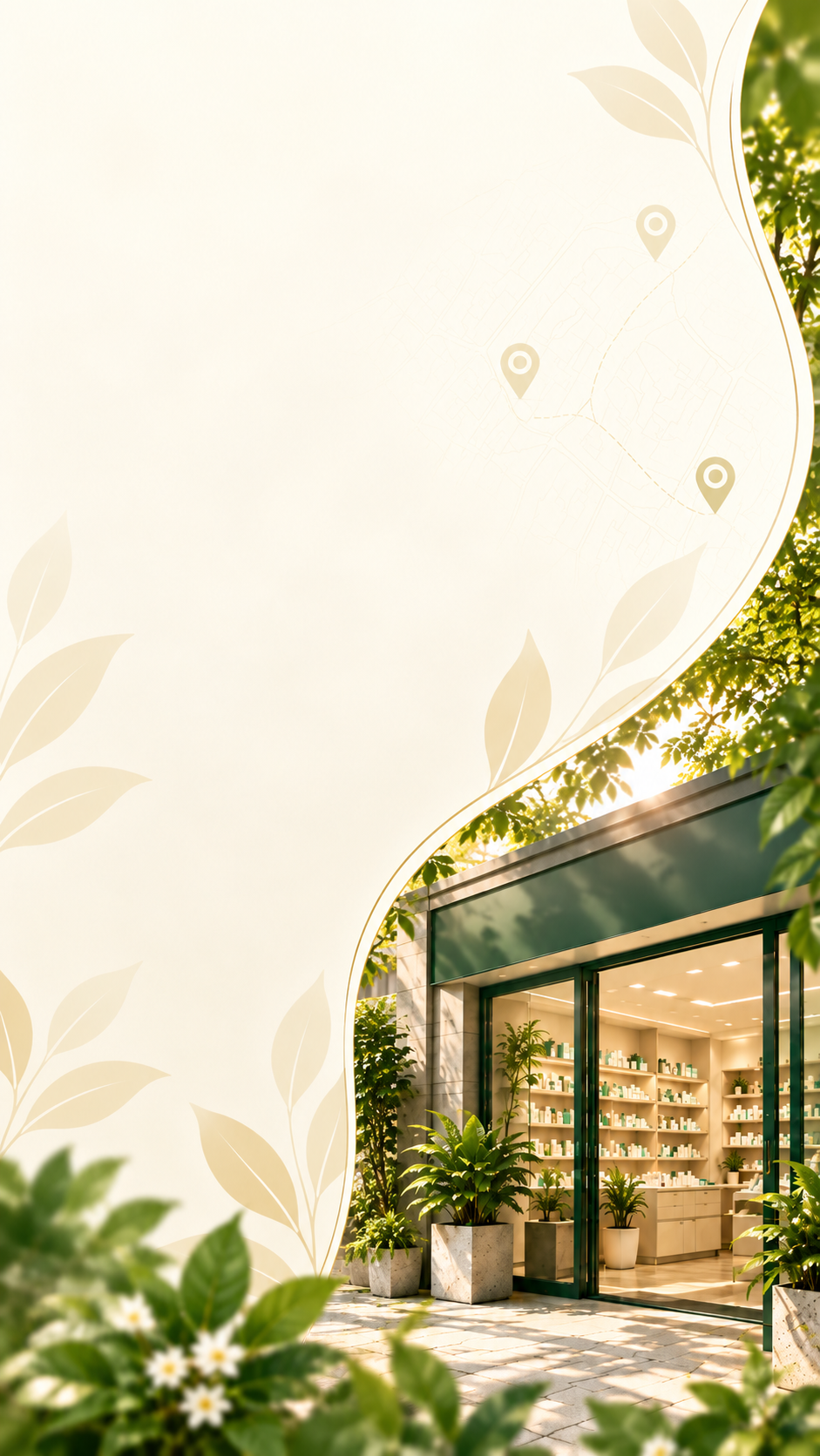 Welcoming pharmacy storefront surrounded by green botanicals