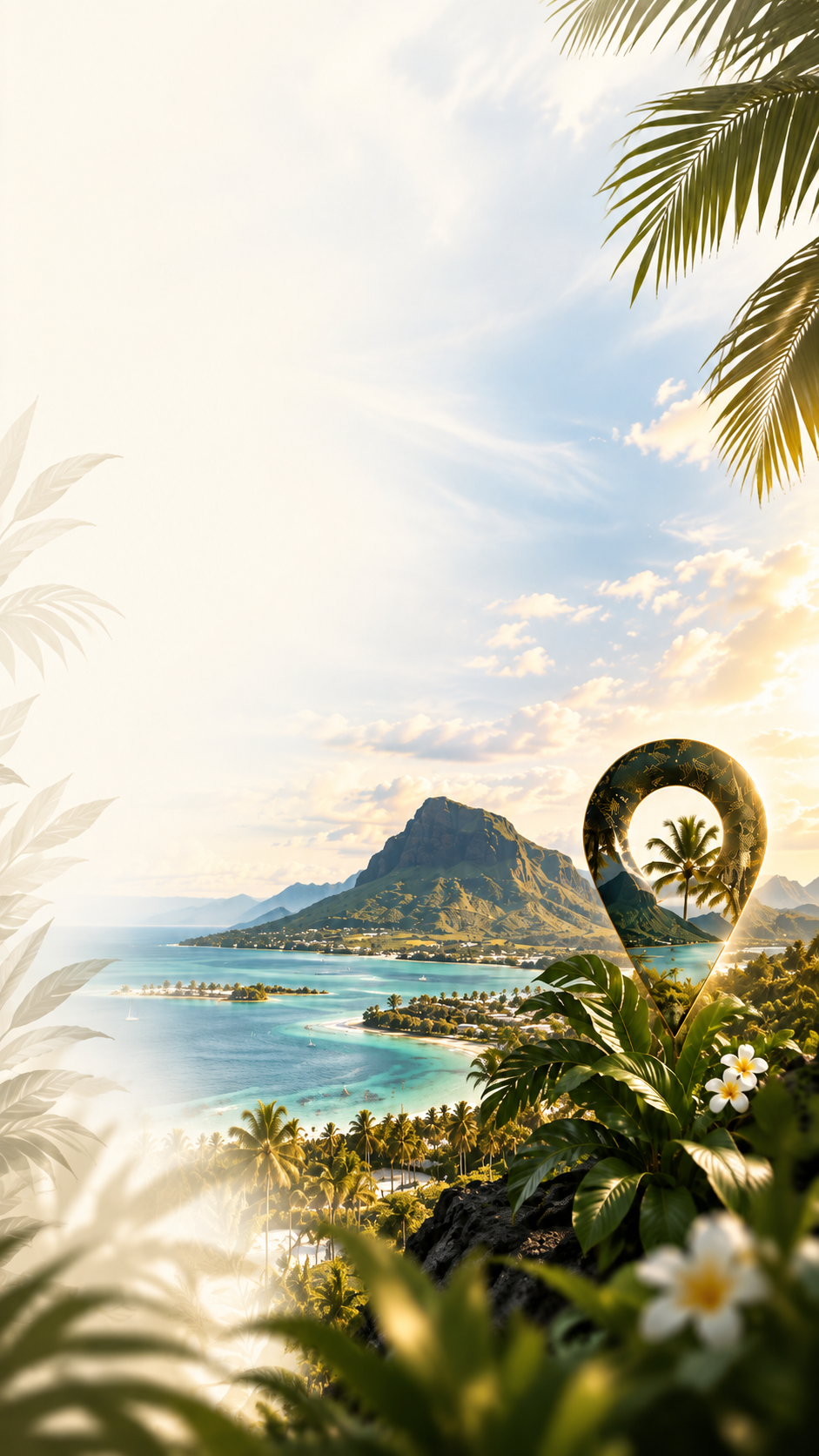 Mauritius mountain and coastline framed by tropical foliage and a location marker
